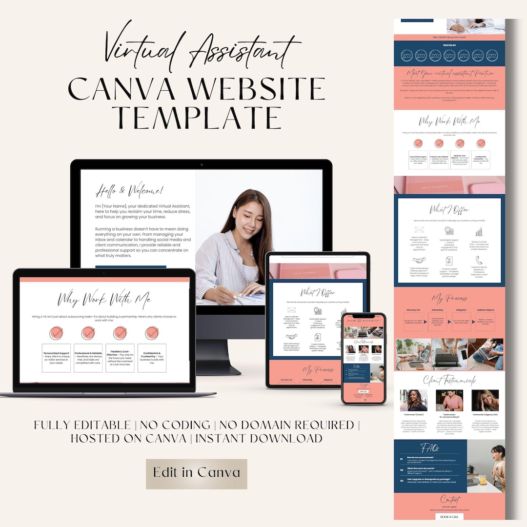 Virtual Assistant Canva Website Template, Editable One Page Design for ...