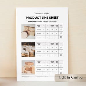 May include: A product line sheet with the text "BUSINESS NAME" and "PRODUCT LINE SHEET". The sheet includes sections for product name, size, wholesale price, retail price, and notes. The sheet also includes images of products.