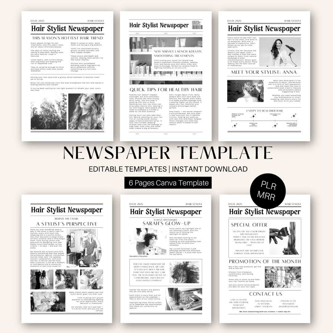 Hair Salon Newspaper Canva Template, 6 Editable Pages, Beauty Business ...