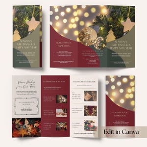 Puede incluir: Folleto tríptico con temática navideña. El folleto presenta el texto "Season's Greetings & A Happy New Year" y "Holiday Fun & Inspiration". El diseño incluye adornos navideños y una paleta de colores festiva.