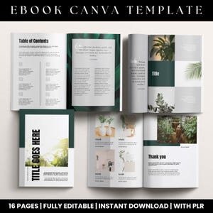 Puede incluir: Una plantilla de libro electrónico Canva verde y blanco de 16 páginas. La portada presenta una imagen borrosa de hojas verdes y el texto "TITLE GOES HERE". Las páginas interiores incluyen una tabla de contenido, una página de título y una página de agradecimiento. La plantilla es totalmente editable e incluye una licencia PLR.