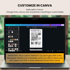 May include: A screenshot of a laptop screen displaying a Canva template for a newspaper. The template is customisable and can be edited in Canva. The text on the screen reads "Newspaper Title" and "IMPORTANT: This is CANVA TEMPLATE. You won't get a PDF of the Newspaper directly, but a template, which you edit in Canva and then export as a PDF or other preferred format from Canva."