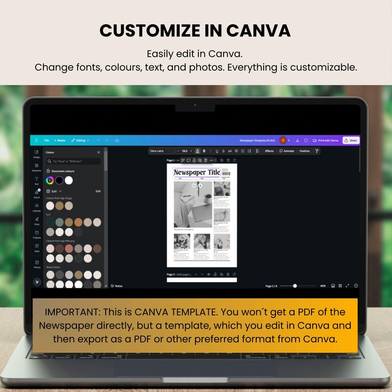 May include: A screenshot of a laptop screen displaying a Canva template for a newspaper. The template is customisable and can be edited in Canva. The text on the screen reads "Newspaper Title" and "IMPORTANT: This is CANVA TEMPLATE. You won't get a PDF of the Newspaper directly, but a template, which you edit in Canva and then export as a PDF or other preferred format from Canva."