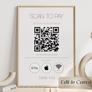 Peut inclure: Une affiche encadrée avec le texte "SCAN TO PAY" et un code QR. En dessous du code QR se trouve le texte "IT'S FAST, EASY AND SECURE." L'affiche affiche également les options de paiement : G Pay, Apple Pay et Tap to Pay. Les mots "THANK YOU!" sont en bas.