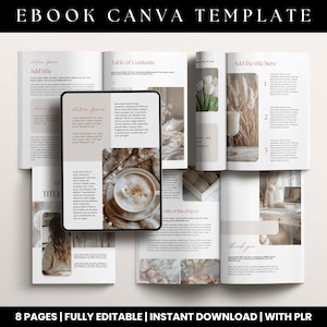 Może przedstawiać: 8-stronicowy szablon e-booka w neutralnej kolorystyce z beżowym tłem i brązowym tekstem. Szablon zawiera filiżankę kawy, suszone kwiaty i biurko z laptopem. Tekst na stronach zawiera "Spis treści", "Dodaj tytuł tutaj", "Dodaj tytuł", "Tytuł", "Tytuł tego rozdziału" i "Dziękuję".