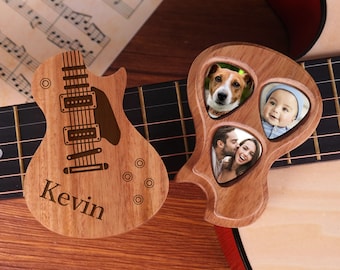 Custom Photo Guitar Pick With Case, Wooden Guitar Pick Holder, Guitar Pick Box, Guitar Player Gifts , Father's Day Birthday Gift Idea