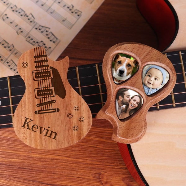 Custom Photo Guitar Pick With Case, Wooden Guitar Pick Holder, Guitar Pick Box, Guitar Player Gifts , Father's Day Birthday Gift Idea