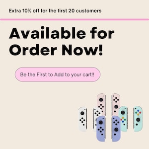Pode incluir: Um grupo de oito controladores Nintendo Switch Joy-Con coloridos. Os controladores são de várias cores, incluindo rosa, azul, verde e branco. O texto "Disponível para encomenda agora!" é exibido acima dos controladores.
