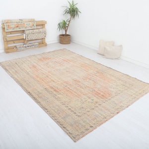 Handmade Vintage Turkish Oushak Rug, 6.6x9.5 ft, Wool Cotton Blend