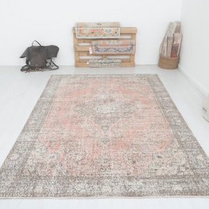 7x10 Vintage Turkish Oushak Rug: Neutral Anatolian Wool Cotton Rug