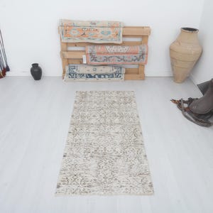 3x6 Vintage Turkish Wool Runner Rug: Neutral Oushak Design