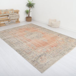 7x10 Vintage Turkish Oushak Rug: Muted Colors Wool Anatolian Rug