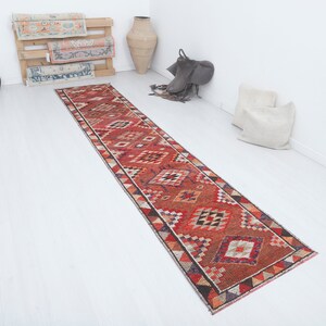 Vintage Oushak Runner Rug: 2x12 Turkish Hallway Rug