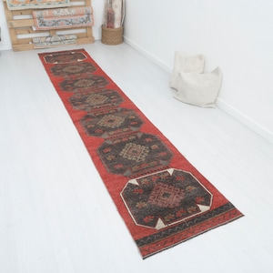 Vintage Turkish Wool Runner Rug - 2x12 Oushak Anatolian Hallway Rug