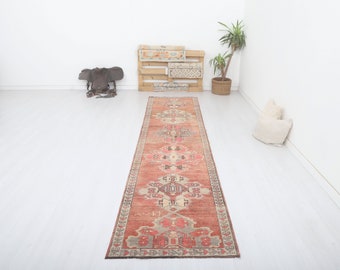 ヴィンテージ トルコ製 ウシャック ランナーラグ：3x13 ウールコットン