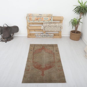 Vintage Turkish Oushak Rug: 3x5 Pastel Cotton Wool Rug