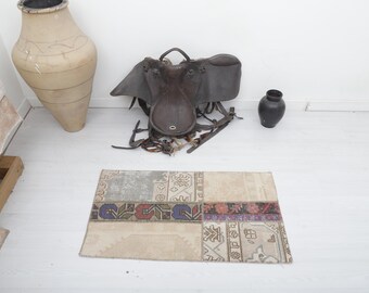 Vintage Turkish Wool Door Mat Rug - 2x3 Oushak Mini Rug