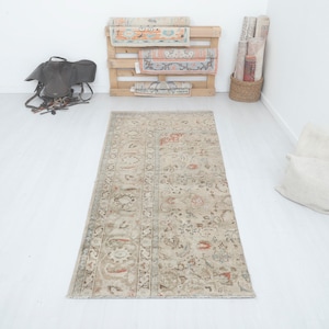 Vintage Turkish Oushak Runner Rug, 3x8 Wool Cotton Blend
