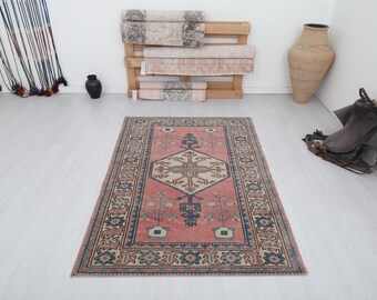 4x6 Vintage Oushak Wool Rug: Muted Anatolian Turkish Rug
