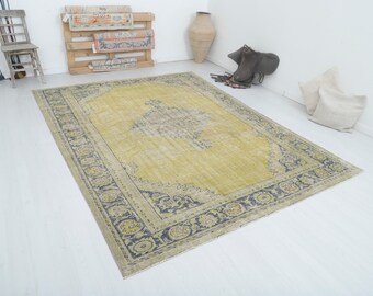 Yellow Colors Rug, 7x10 Turkish Rug, 7x10, Turkish Oversize Rug, Handmade Rug, Oushak Rug,Vintage Rug,Anatolian Rug,Faded Rug,Wool Rug,15593