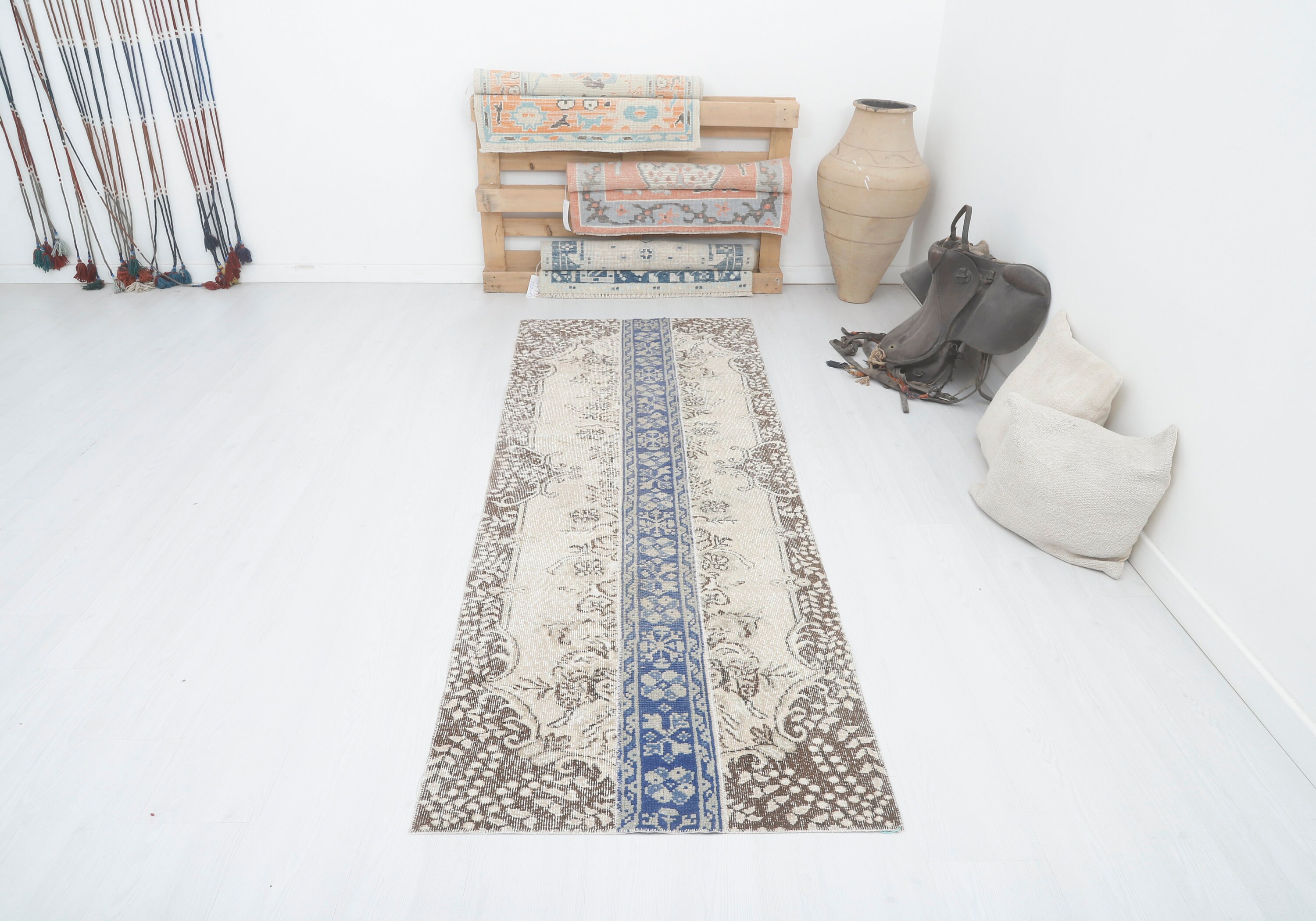 ヴィンテージ トルコ ウシャク ランナーラグ：ハンドメイドウール