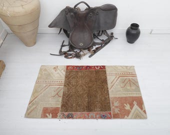 Vintage Turkish Doormat Rug: 2x4 Small Cotton Wool Entryway Rug