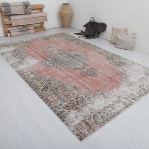 7x11 Oushak Rug: Pale Red Vintage Turkish Rug, Cotton & Wool