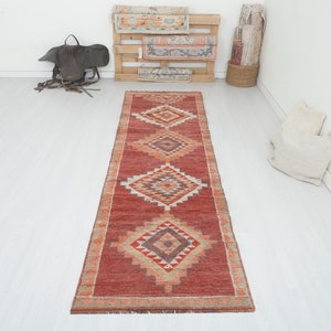 Vintage Turkish Oushak Runner Rug: 3x10 Wool Anatolian Rug