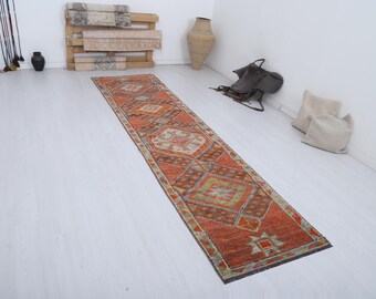Vintage Oushak Türkischer Läufer Teppich, 3x11 Baumwolle Wolle Flur Teppich