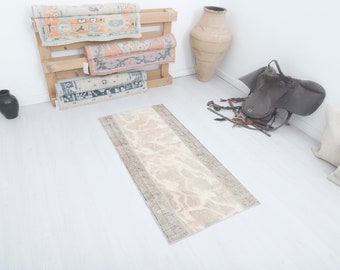 Vintage Oushak Runner Rug: 2x5 Turkish Wool Cotton Blend