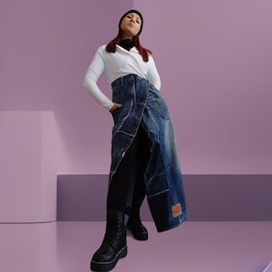 Long patchwork dress made from recycled white sweatshirt and Levi's denim, recycled autumn sweatshirt and denim jacket for women.