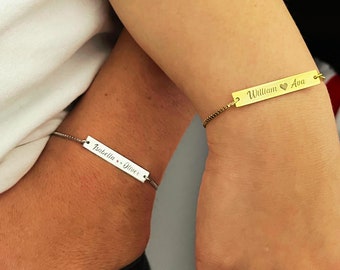 Personalized Adjustable Box Chain Matching Couple Silver Bracelet, Engraved Bar Adjustable Frienship Bracelet, Gift For Girlfriend Boyfriend