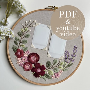 instant photo embroidery pdf pattern + youtube video | floral ornament picture frame design | mini + square | beginner hand embroidery