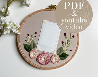 instant photo embroidery pdf pattern + youtube video | floral ornament picture frame design | mini + square | beginner hand embroidery