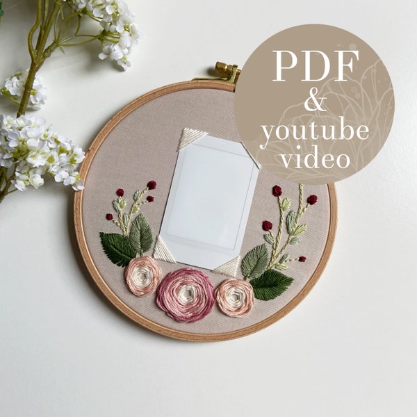 instant photo embroidery pdf pattern + youtube video | floral ornament picture frame design | mini + square | beginner hand embroidery