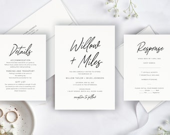 Script Wedding Invitation Set, Wedding Invitations, Calligraphy Printed Wedding Invitations, Personalised Wedding Invite, Willow