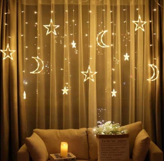 Decorative 5 Animated Crescent and Star Led Curtains , Led Star Curtain  Light, Star Curtain Lights LED String Lights,window Curtain Lights 
