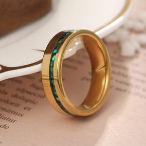 6mm Gold Tungsten Wedding Bands, Green Opal Inlay Ring, Unisex Wedding Ring, Opal Ring, Mens Ring, Yellow Gold Ring, Engagement Ring