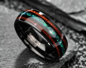 Anel de tungstênio preto com madeira koa havaiana e incrustação de opala azul-esverdeada. Aliança de casamento em madeira, anel masculino e anel de noivado exclusivo.