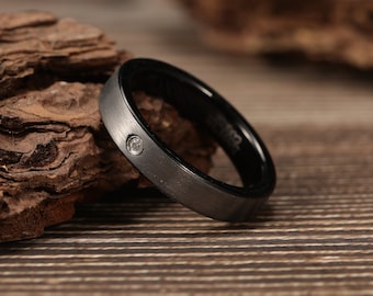 4mm Black Tungsten Ring, Tungsten Ring with Cubic Zirconia, Brushed Finish Ring Wedding Ring Anniversary Ring