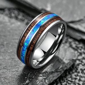 Koa Wood Silver Tungsten Ring, Blue Opal Inlay Wedding Band, Mens Unique Ring, Engagement Ring, Tungsten Carbide Ring, Wooden Ring