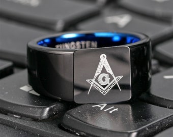 Anello Uomo In Carburo Di Tungsteno Nero, 10mm, Incisione Laser Massonica, Retr&ograve;, Regalo Matrimonio
