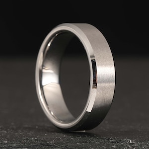 6mm Silver Tungsten Ring, Brushed Finish and Beveled Edge Tungsten Ring, Unisex Tungsten Ring
