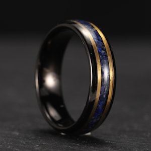 6mm Black Gold Tungsten Ring, Ring with Lapis Lazuli, Wedding Ring Unisex Tungsten Ring Holiday Gifts