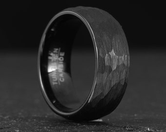 8 mm zwarte wolfraamring, ring met gehamerde afwerking, trouwring, uniseks wolfraamring vakantiecadeaus
