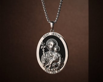 Unique Saint Necklace 925 Sterling Silver Saint Joseph Necklace Medal Pendant Black Onyx Religious Protection Amulet Jewelry for Men Women