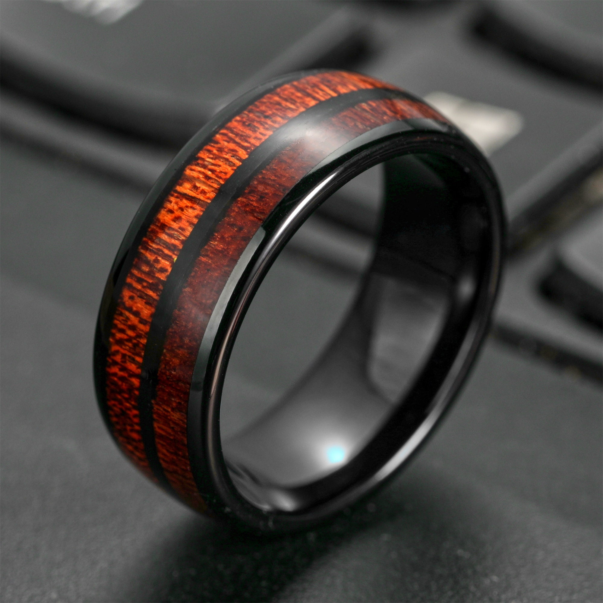 Tungsteno Anello Di Nozze Tungsteno Anello Koa Legno 8mm Nero - Foto 8