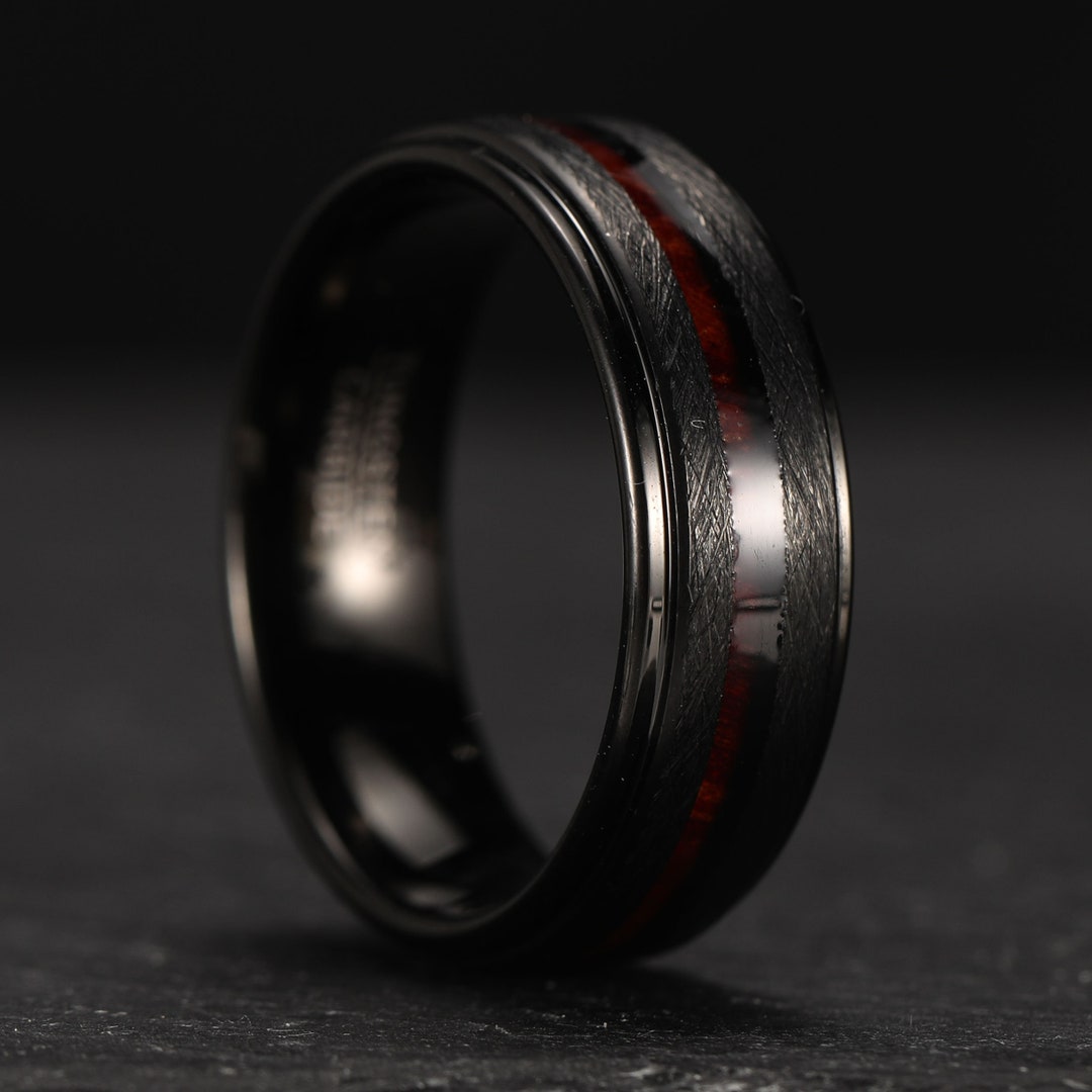 8mm Black Tungsten Ring, Koa Wood Stepped Edge Brushed Finish, Glitter ...