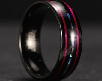 8mm Black Tungsten Ring, Ring with Abalone Shell and Purple Guitar String, Polished Finish Wedding Ring Unisex Tungsten Ring Holiday Gifts