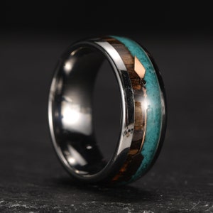 8mm Silver Wedding Tungsten Ring,Arrow Tungsten Ring, Turquoise With Koa Wood Ring, Stackable Ring Patterned Ring